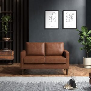 2 Seater Tan Faux Leather Sofa – Modern Compact Design